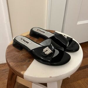 Rachel Black Patent Mules with Rhinestone Accent